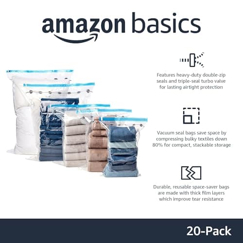 Amazon Basics Vacuum Compression Storage Bags with Hand Pump - 20 Pack (5 Small, 5 Medium, 5 Large & 5 Jumbo)