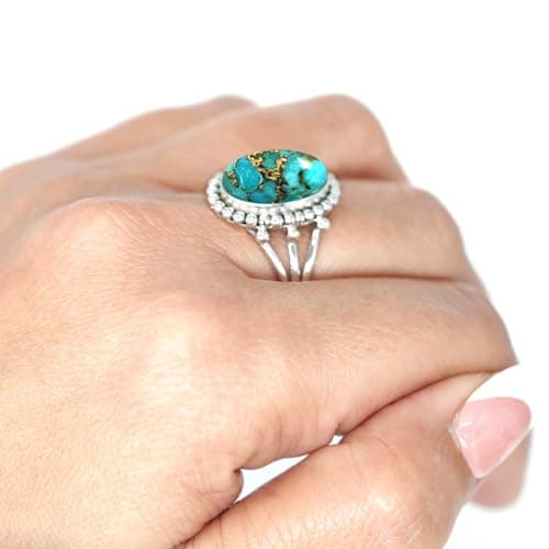 JEWELOPORIUM Copper Blue Turquoise Silver Ring Size 7.5, 925 Sterling Silver Ring for Women, Oval Stone Boho Jewelry