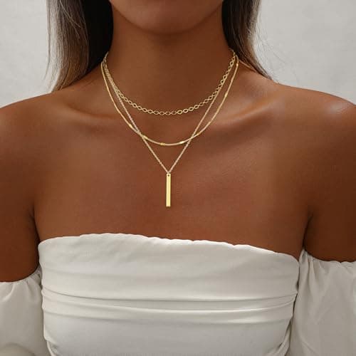 Remmocy Gold Necklace for Women Stackable 14K Gold Plated Layered Long Necklace Paperclip Flat Chain Bar Drop Cute Charm Accessories Non Tarnish Jewelry Set Gifts for Women