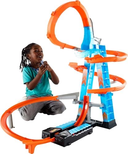 Hot Wheels Sky Crash Tower Track Set, 2.5+ ft / 83 cm High with Motorized Booster, Orange Track & 1 Hot Wheels Vehicle, Race Multiple Cars, Toy for Kids 5 to 10 Years Old & Up