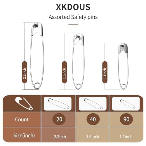XKDOUS 3 Most Universal Safety Pins Assorted Sizes, Small & Large Safety Pins for Clothes, 150 Pack Silver Sharp Edge Pins for Clothing, Sewing & Craft Supplies