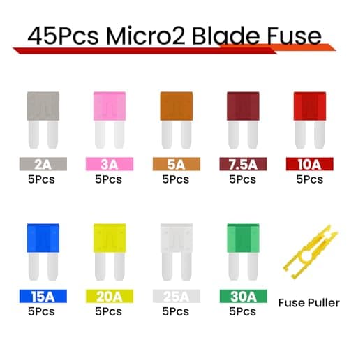 45Pcs Micro2 Car Fuse Kit, Automotive Fuses Assortment kit(2A/3A/5A/7.5A/10A/15A/20A/25A/30A), Blade Fuse for Car/RV/Truck/Boat/Marine
