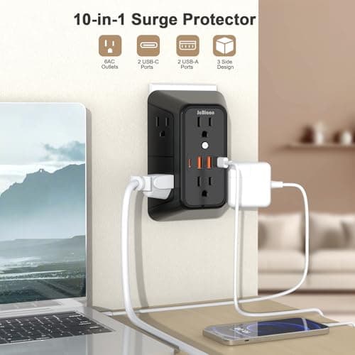 JcBlaon Outlet Extender Surge Protector - 6 Outlet Splitter with 4 USB Ports (2 USB C), Multiple Plug Expander Wall Charger, 3 Sided Multi Plug Wall Adapter Power Strip for Home Office Travel-ETL