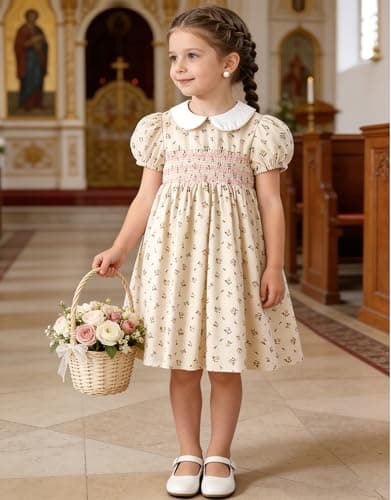 Miipat Toddler Girls Smocked Floral Dress Puff Sleeve Cotton Vintage Kids Peter Pan Collar Summer Dress(BeigeFloralPrint,3-4T)