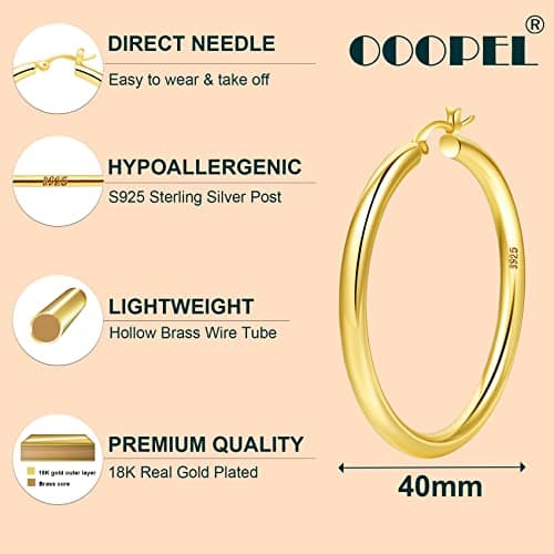 4mm Thick Gold Chunky Earrings Steling Silver Post Hoops Earrings For Women Hollow Tube Hoops Earrings Thick Golden Hoop Earrings Hypoallergenic Lightweight Gold Hoop Large Earrings 20/30/40/50/60MM