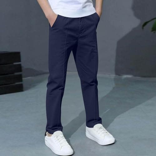 Boys Pants Elastic Waist Trousers Youth Chinos Trousers Pull On Relaxed School Uniform Pants Comfort Twill Pants Navy