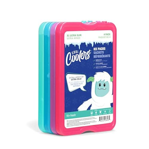 Cool Coolers by Fit & Fresh 4 Pack XL Slim Ice Packs, Quick Freeze Space Saving Reusable Ice Packs for Lunch Boxes or Coolers, Multi