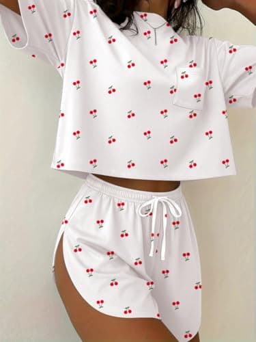 Ekouaer Womens Cherry Pajama Sets Sexy Lounge Sets Side Split Short Pj Sets Cute Pjs 2 Piece Comfy Sleepwear Loungewear Little Cherry Large