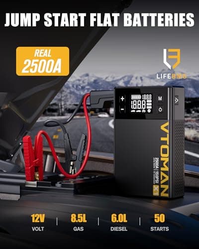 VTOMAN X1 Jump Starter with Air Compressor, 2500A Portable Battery Booster (Up to 8.5L Gas/6L Diesel Engines) with 150PSI Digital Tire Inflator, 12V Power Pack Car Jump Box Charger with LCD Display