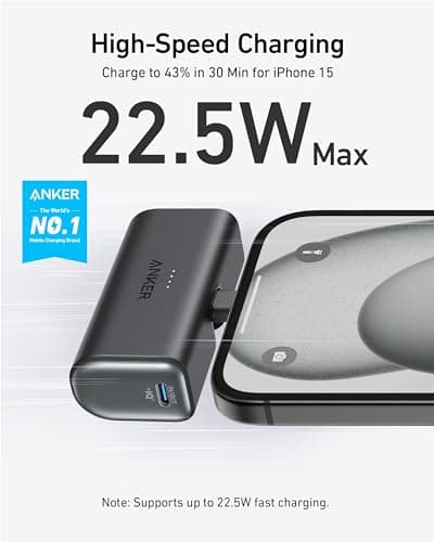Anker Portable Charger, Nano Power Bank with Built-in USB C Connector, 5,000mAh Portable Charger 22.5W, for iPhone 17/16/15 Series, Samsung S22/23 Series, iPad Pro/Air, AirPods, and More