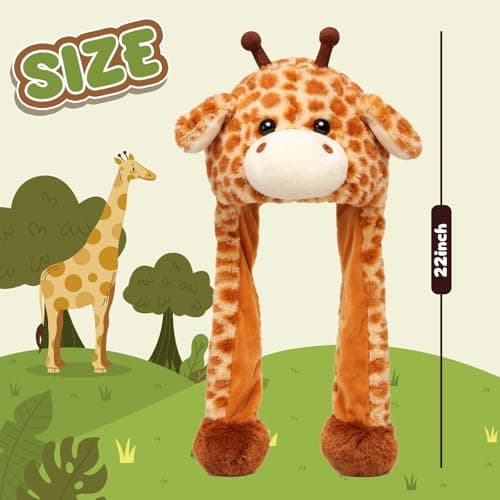 Bubblepompom Giraffe Hat with Ears Moving Jumping Pop Up Beating Hat Plush Earflaps Holiday Cosplay Costume Dress Up Funny Gift for Kids, 22''