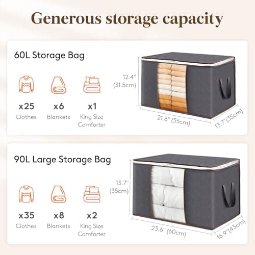 Lifewit 2 Pack 60L Clothes Storage Bins with Lids, Foldable Blanket Storage Bags with Zippers, Clear Window and Reinforced Handles, Closet and Organization for Clothing, Sweater, Comforter, Bedding