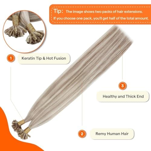 Full Shine K Tip Human Hair Extensions, 18/613 Platinum Blonde with Ash Blonde Highlights, 18 Inch, 50G, Keratin Fusion Prebonded Tip, Frosted Face Frame, Polished Curls, Formal Night, Bachelorette