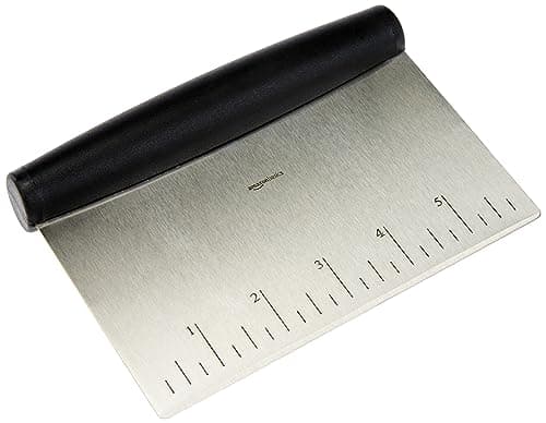 Amazon Basics Multi-Purpose Bench Scraper, Stainless Steel Dough Cutter with Measurement Marks, Dishwasher Safe, Non-slip Contoured Grip, 6", Black, Silver