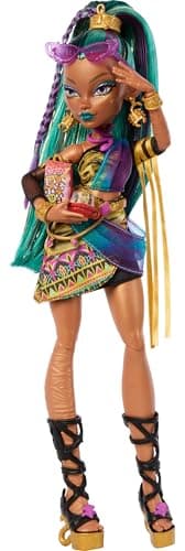 Monster High Nefera De Nile Doll, Royal Mummy in Dress with Pet Scarab Lavish and 7 Accessories Like Purse, Laptop, Sunglasses, Drink and Snacks