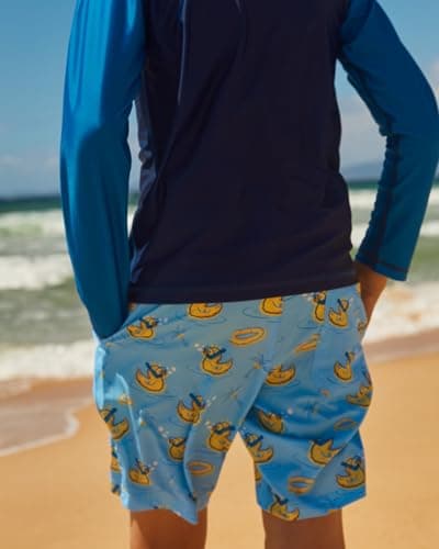 maamgic Boys Swim Trunks with Compression Liner Toddler Stretch Quick Dry Swim Shorts Quick Dry 2 in 1 Beach Shorts,Ducks Blue,Medium(10/12)