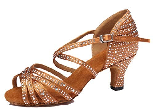 Minishion Women's Rhinestone Dance Shoes Ankle Strap Latin Salsa Dancing Heels, L377 Bronze 6cm Heel, 5