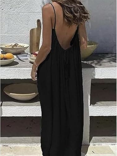 Backless Cami Dress Backless Dress House Dress for Women Sleeveless Long Cami Lounge Dress Backless for Indoor Summer Wear (US, Alpha, Large, Regular, Regular, Black)
