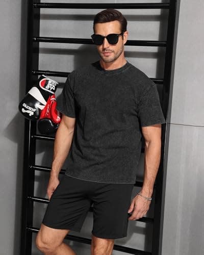 AIYINO Mens Acid Wash T-Shirt Oversized Vintage Cotton Casual for Men Black