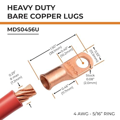 SELTERM 10pcs 4 AWG - 5/16" Stud Battery Lugs, Heavy Duty Wire Lugs, Ring Terminals, Cable Ends, 4 Gauge Terminals, UL Bare Copper Eyelets Electrical Terminal Connectors