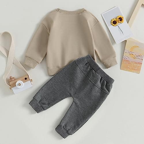 Toddler Baby Boy Outfit LITTLE DUDE Letter Long Sleeve Sweatshirts Long Pants Fall Spring Clothes (Khaki, 2-3T)