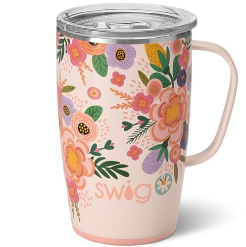 Swig Life 18oz Travel Mug, Insulated Tumbler with Handle and Lid, Cup Holder Friendly, Dishwasher Safe, Stainless Steel, Floral Mug, Flower Tumbler, Mothers Day Gifts for Mom (Full Bloom)