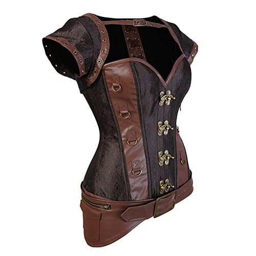 KSHUN Women's Luxury Punk Rock Leather Steampunk Corset Vintage Steampunk Gothic Bustier Corset (Brown,3X-Large)