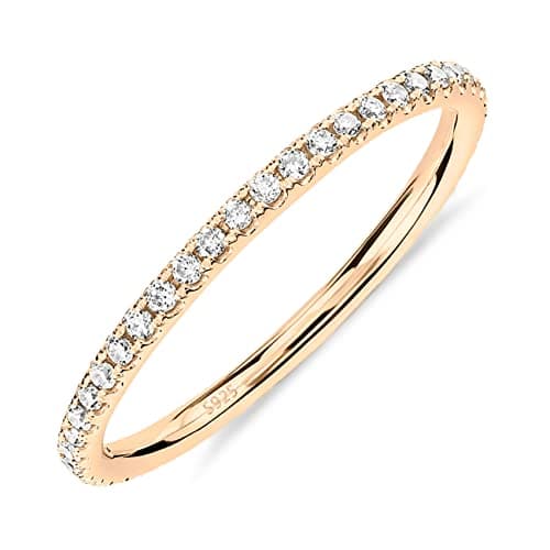 PAVOI 14K Yellow Gold Plated 925 Sterling Silver Stackable CZ Ring for Women | Thin Band for Stacking | Simulated Diamond Eternity Wedding Band | Size 7