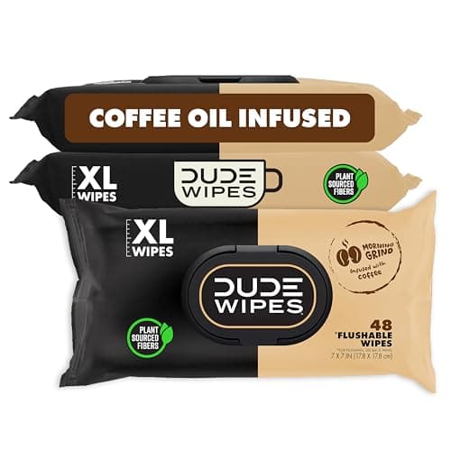 DUDE Wipes Morning Grind Flushable Wipes - Coffee Scented Extra-Large Adult Wet Wipes - 3 Pack (144 Count) - Infused with Coffee Oil, Vitamin E, and Aloe - Septic and Sewer Safe