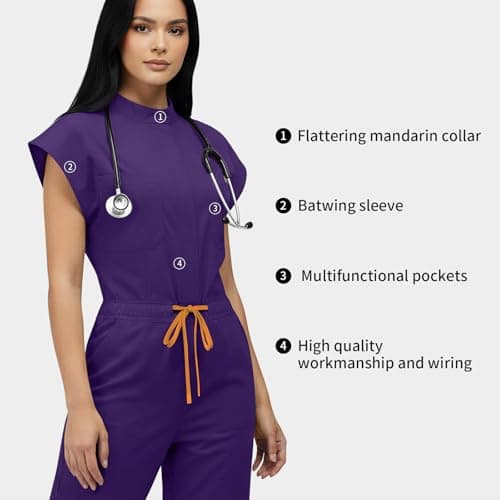 VIAOLI Women's Medical Scrub Jumpsuit - Mandarin Collar, with Drawstring Waist for Nursing Uniforms (S,Grape Purple)