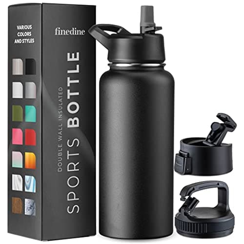 FineDine Water Bottle - Stainless Steel Insulated Water Bottle with Straw Lid, Flip Lid & Wide-Mouth Cap - Keeps Hot and Cold - 32 Oz / 946ml - Inky Raven Black