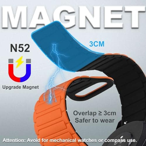 WOCCI 20mm Magnetic Silicone Watch Band, Tactile Ridged Texture, Quick Release (Orange+Black)