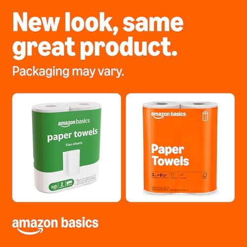 Amazon Basics FSC-Certified 2-Ply Flex-Sheets Paper Towels, 150 Sheets per Roll, 2 Basics Rolls = 6 Regular Rolls