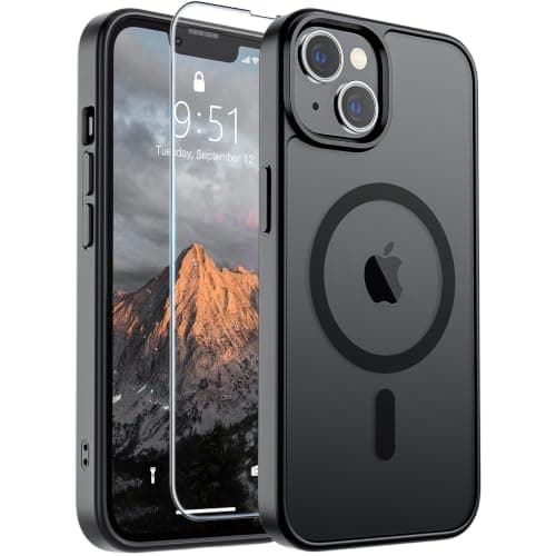 SUPFINE Magnetic for iPhone 13 Case/iPhone 14 Case with Screen Protector (Compatible with MagSafe)(Military Grade Drop Protection) Translucent Matte Phone Cover,Black