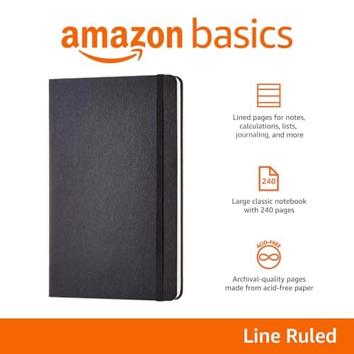 Amazon Basics Classic Lined Notebook, 240 Pages, Black Hardcover, 5 x 8.25-Inch