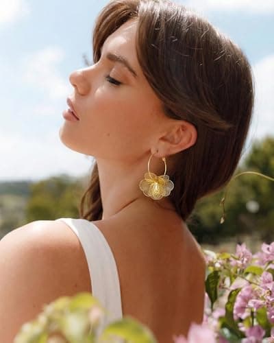 FAUTHENTICUTE Gold Flower Dangle Earrings for Women Big Lightweight Floral Statement Earrings With Thin Gold Hoop Trendy Boho Jewelry Gifts For Spring and Summer