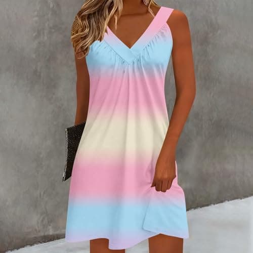 Womens Summer Tank Dress Casual V Neck Sleeveless Sundress Gradient Cover Up Pleated A Line Beach Vacation Dresses Pink