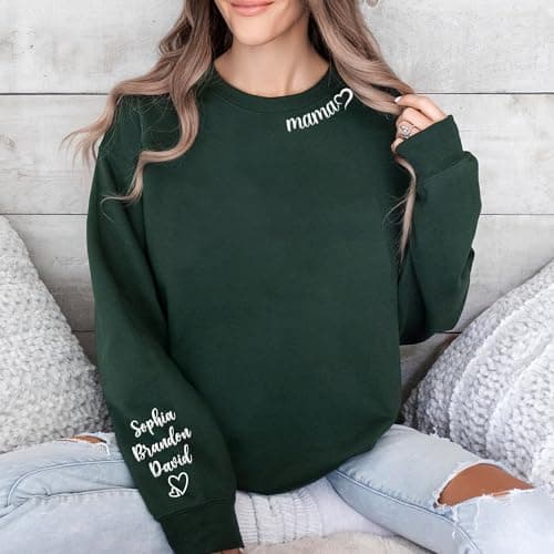 Custom Embroidered Mama Sweatshirt with Kids Name on Sleeve Personalized Mom Sweatshirt for Mothers Day Birthday Gift for Mom