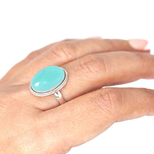 JEWELOPORIUM Aqua Chalcedony Silver Ring Size 9, 925 Sterling Silver Ring for Women, Chunky Oval Gemstone Boho Jewelry