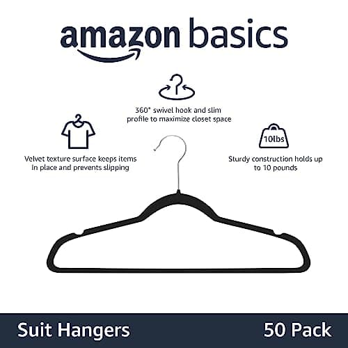 Amazon Basics Slim Velvet Non-Slip Space Saving Suit Clothes Hangers, Closet Organizer, Black, 50-Pack