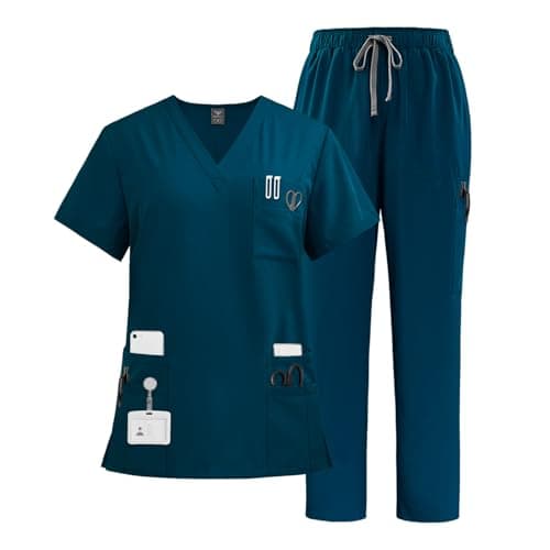 VIAOLI Scrubs Set Multiple pockets V-Neck Top and Drawstring Scrub Pant - Medical Uniform Women Scrub Set Clearance, Caribbean Blue, Medium
