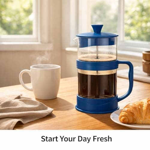Alpine Cuisine 1L Glass French Press Coffee Maker, Stainless Steel Plunger & Heat-Resistant Borosilicate Carafe, Manual Coffee & Tea Brewer, Blue