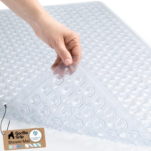 GORILLA GRIP Patented Bath Tub Shower Mat, Machine Washable Bathtub Floor Liner Mats, Suction Cups and Drain Holes to Keep Tubs Clean, Bathroom Essentials, 89x41 cm, Clear