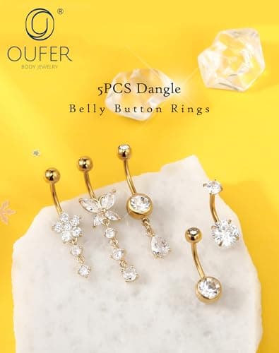 OUFER Gold Belly Button Ring – 5PCS Surgical Steel Belly Rings for Women, 14G Dangle Navel Piercing Jewelry Piercing Nombril with CZ Butterfly Flower Teardrop Barbell for Beach Festival