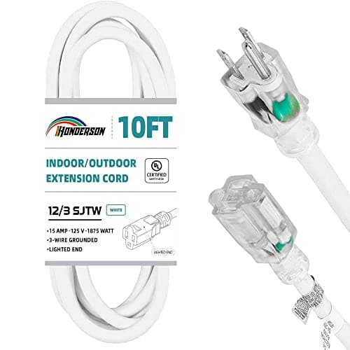 HONDERSON Indoor Outdoor Extension Cord Weatherproof with Lighted End, UL Listed, 12 Gauge 10FT White 3 Prong Heavy Duty Extension Cord, 12/3 SJTW 15A Power Extension Cord for Outdoor Lights, Lawn