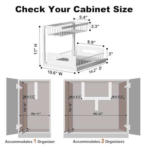 REALINN Under Sink Organizer, Pull Out Cabinet Organizer, 2 Tier Metal Slide Out Shelf with L Shaped Design for Kitchen, Bathroom, Laundry, and Utility Cabinet Storage for Deep Cabinets, White, 2 Pack