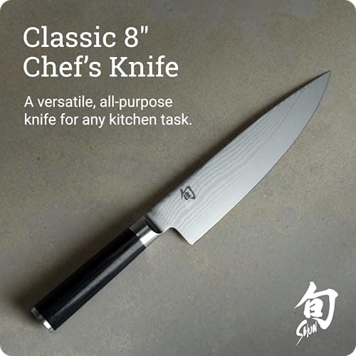 Shun Classic 8" Chef's Knife, Handcrafted Japanese Kitchen Knife for Professional and Home Chefs, VG-MAX Core with Damascus Stainless Steel Cladding, Pakkawood Handle