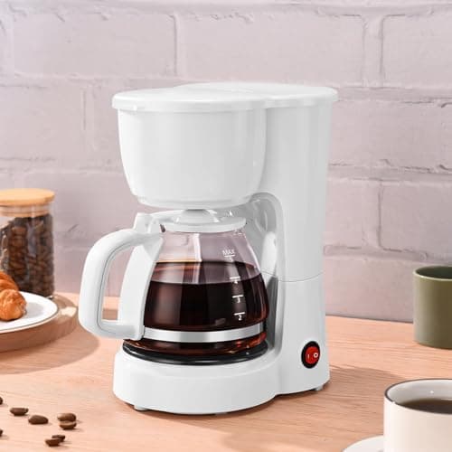White 5-cup drip coffee maker. Compact coffee brewer for home kitchens and small spaces.