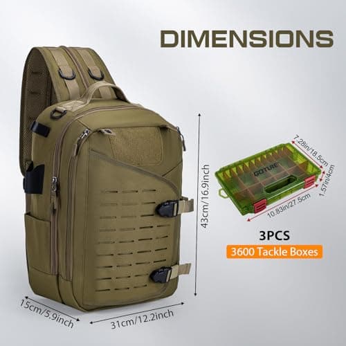 Goture Fishing Sling Bag, Khaki with 3*Green Handles 3600, Waterproof Heavy-Duty Multi-Pocket Unisex Angler Gear