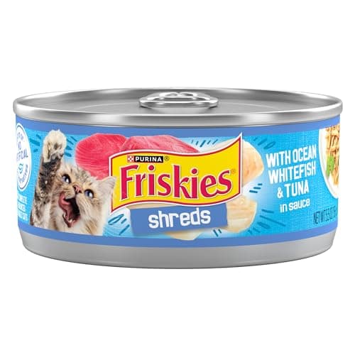 Purina Friskies Wet Cat Food, Shreds With Ocean Whitefish & Tuna in Sauce - 5.5 oz. Cans (Pack of 24)